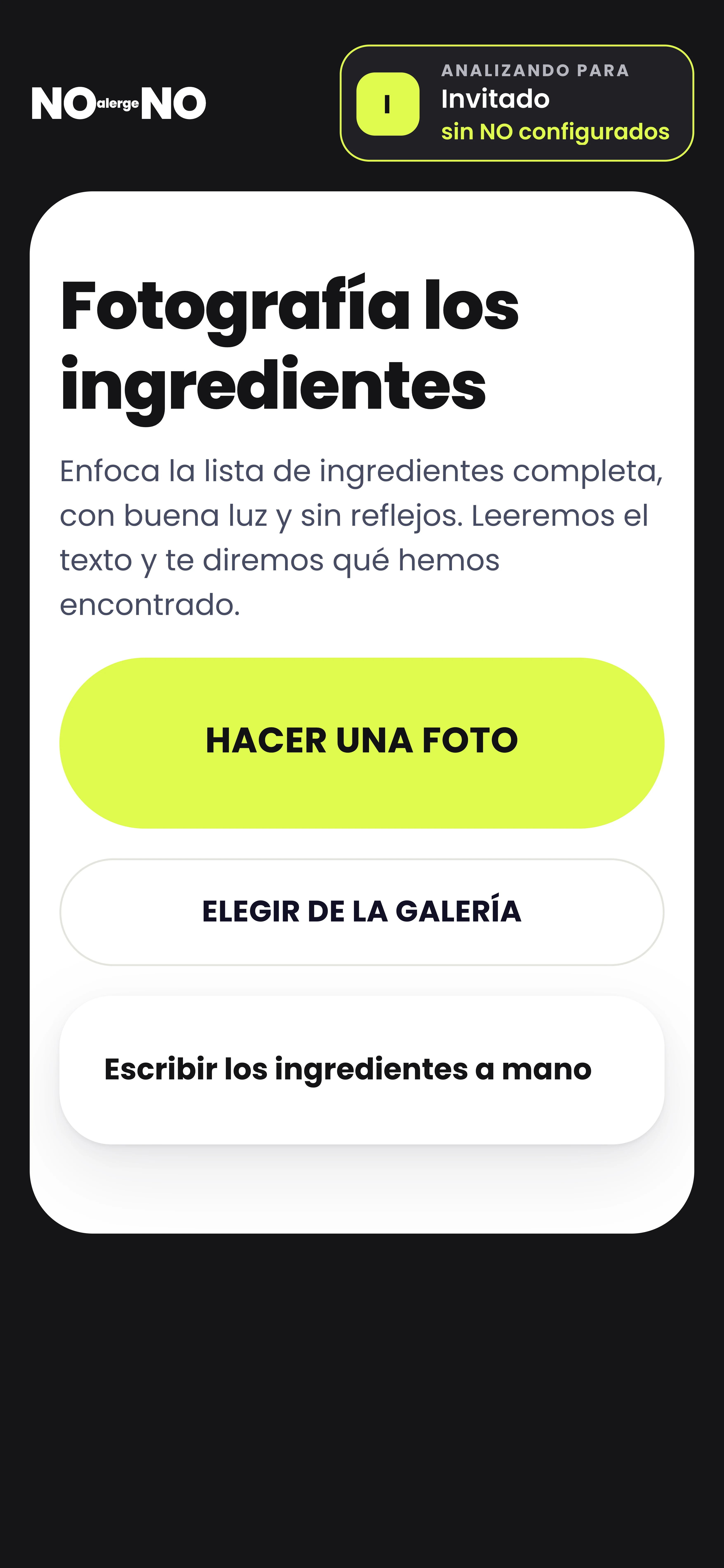 Pantalla para fotografiar la lista de ingredientes.