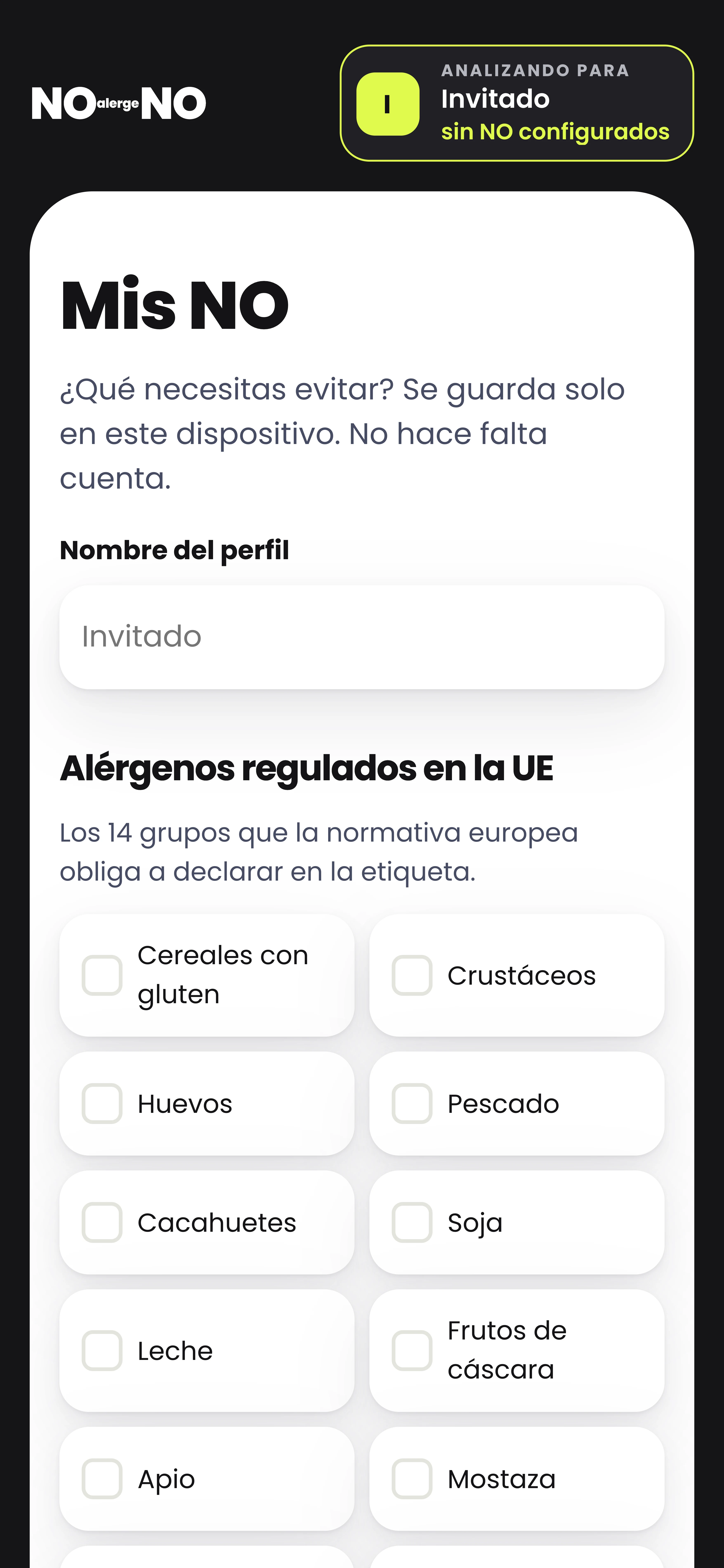 Pantalla Mis NO para elegir qué evitar.